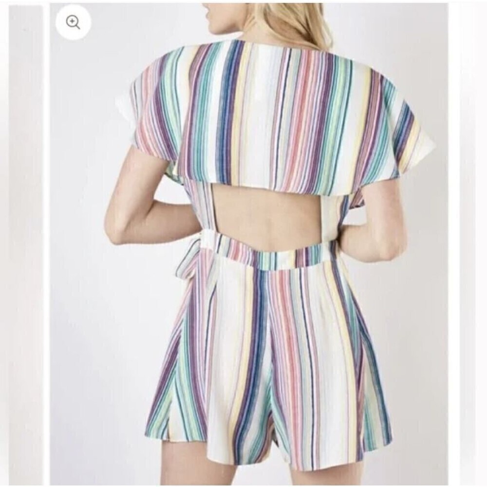 DO + BE Multicolor Striped Faux Wrap Keyhole Back Romper Shorts Size Large - Picture 5 of 16